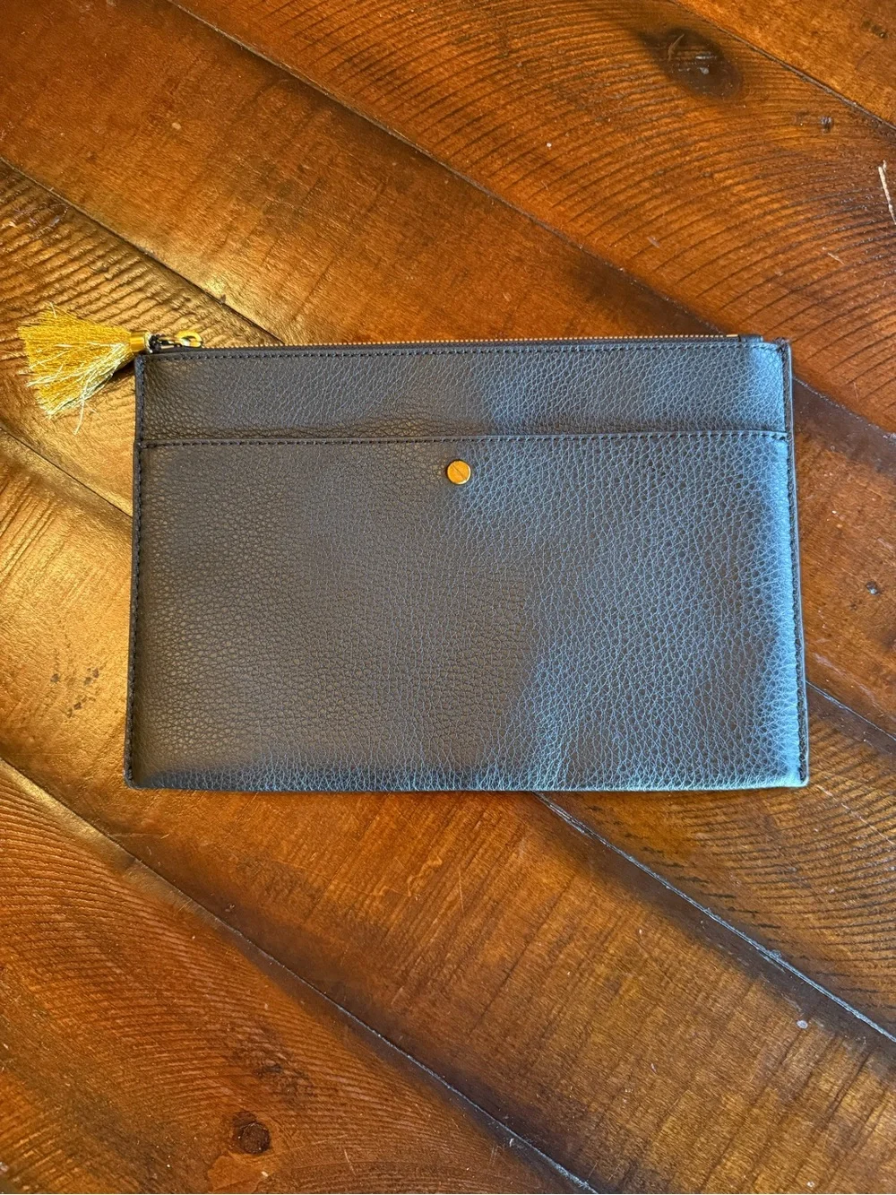 J. Crew Black Leather Zip Pouch with Gold Tassel